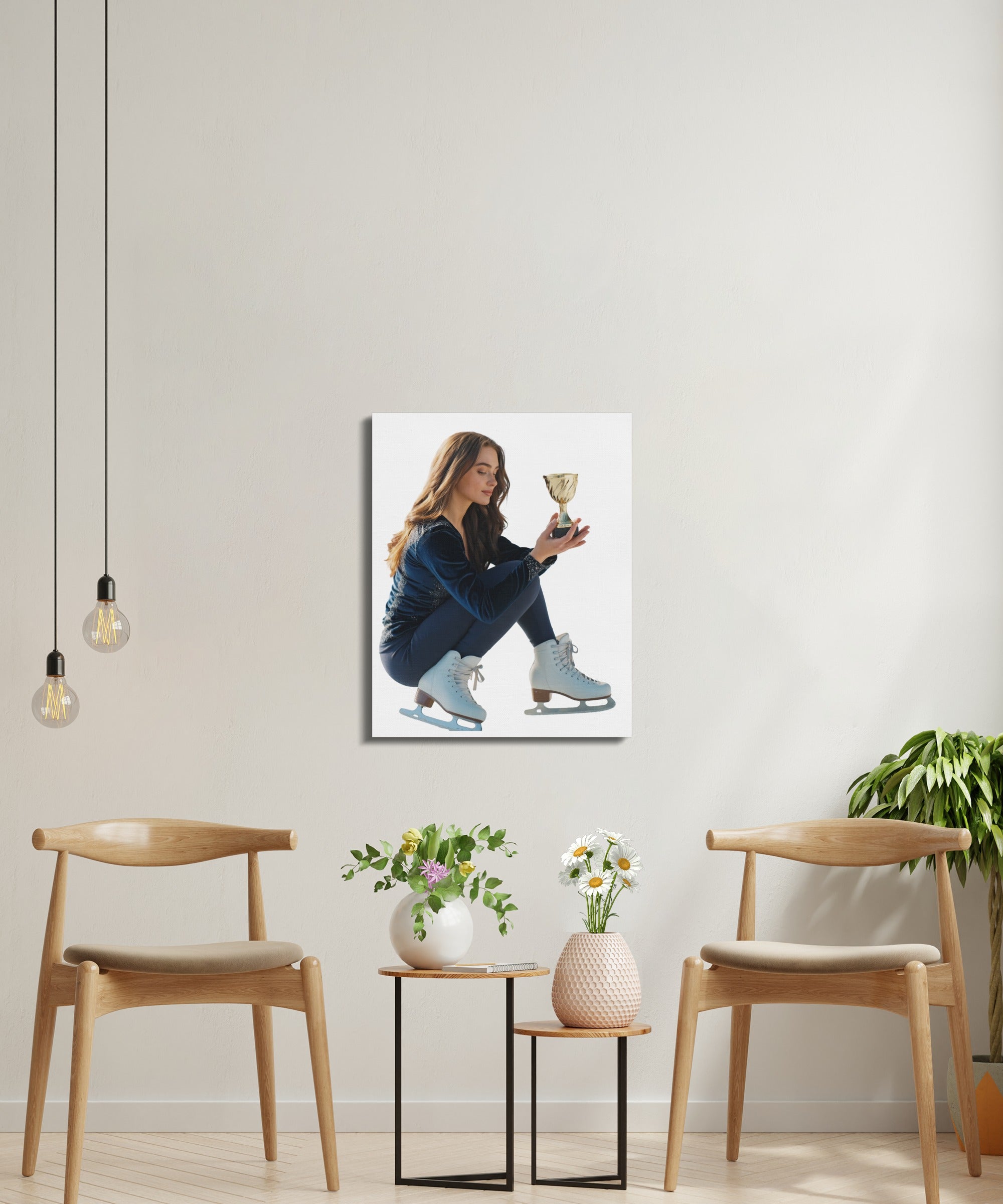 Young woman in ice skates holding trophy, with two chairs and plants.