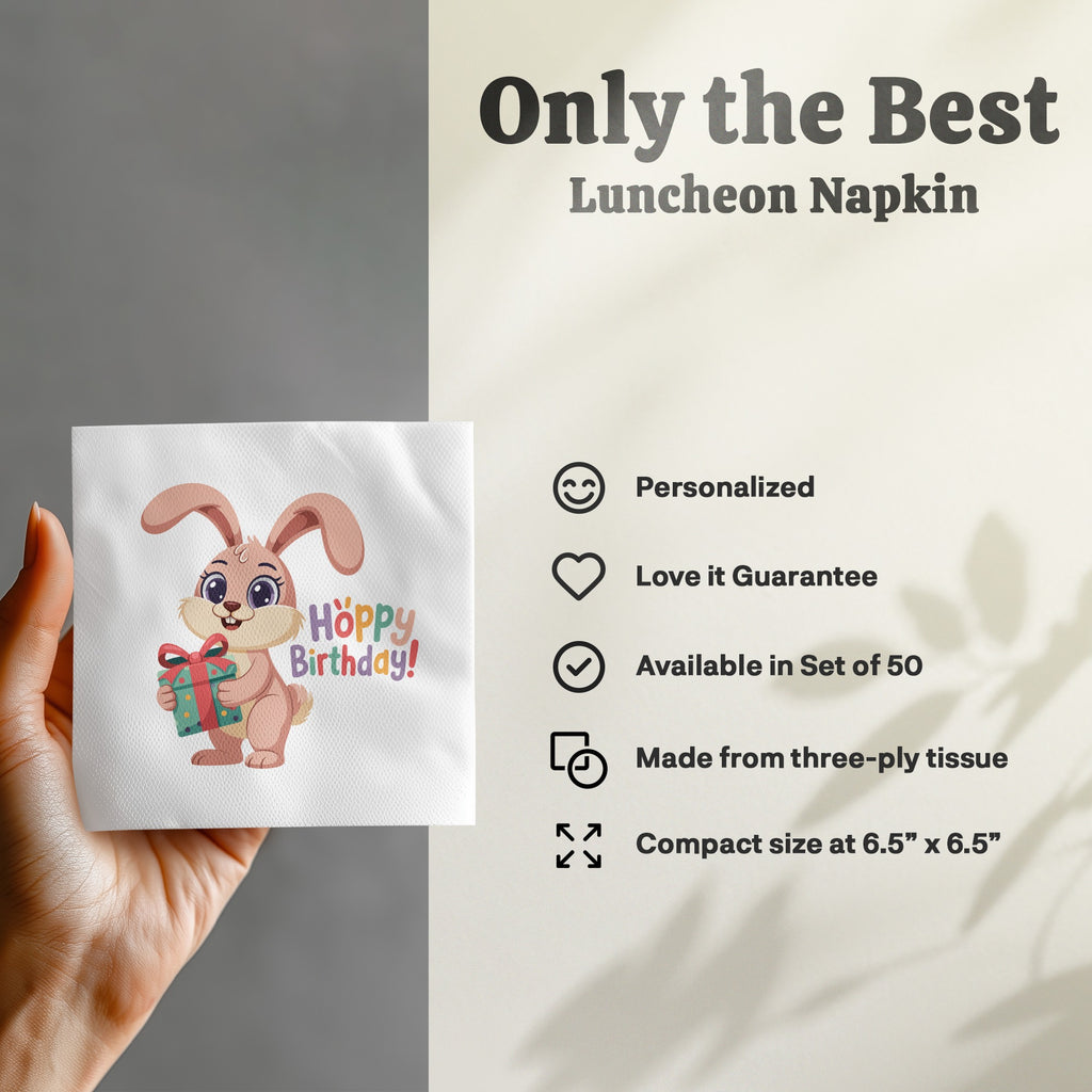 Bunny holding gift with "Hoppy Birthday!" text on luncheon napkin.