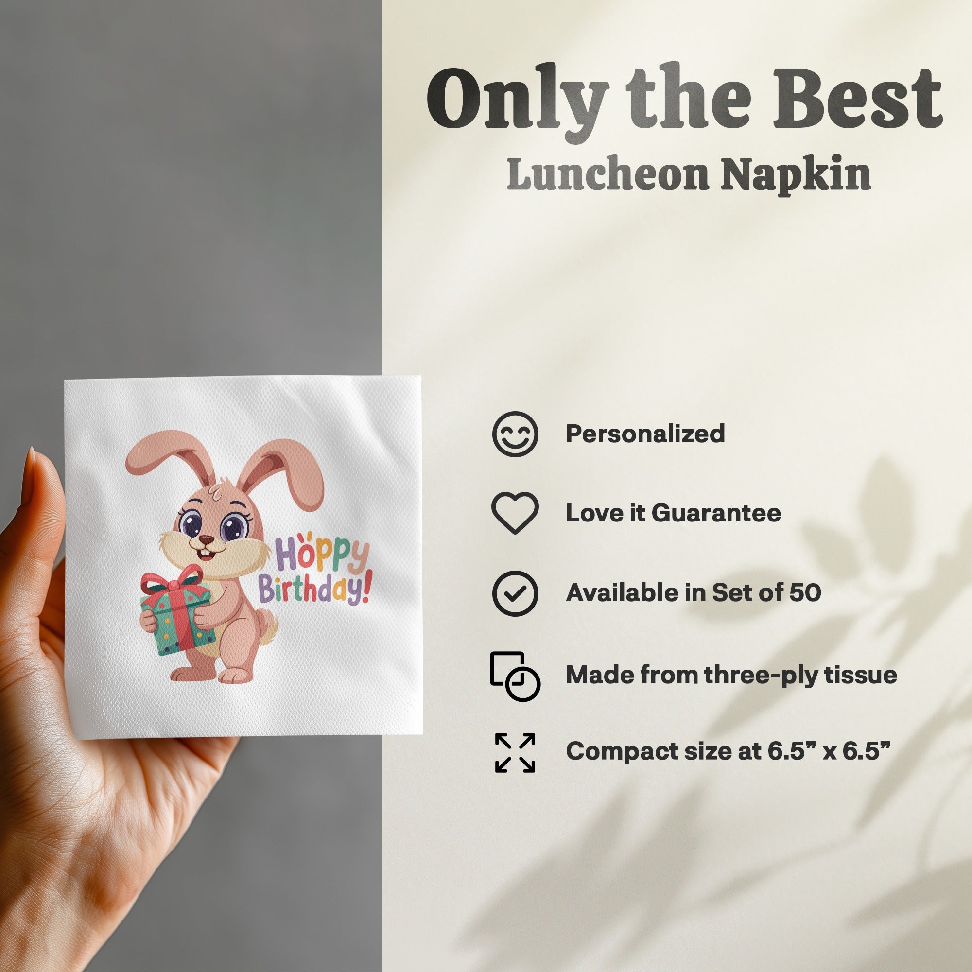 Bunny holding gift with "Hoppy Birthday!" text on luncheon napkin.