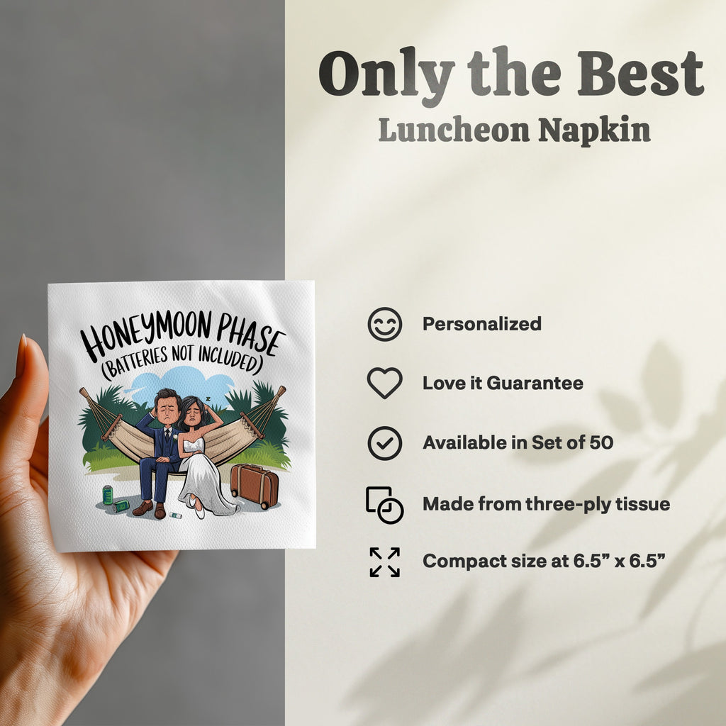 Napkin featuring "Honeymoon Phase (Batteries Not Included)" graphic and product details.