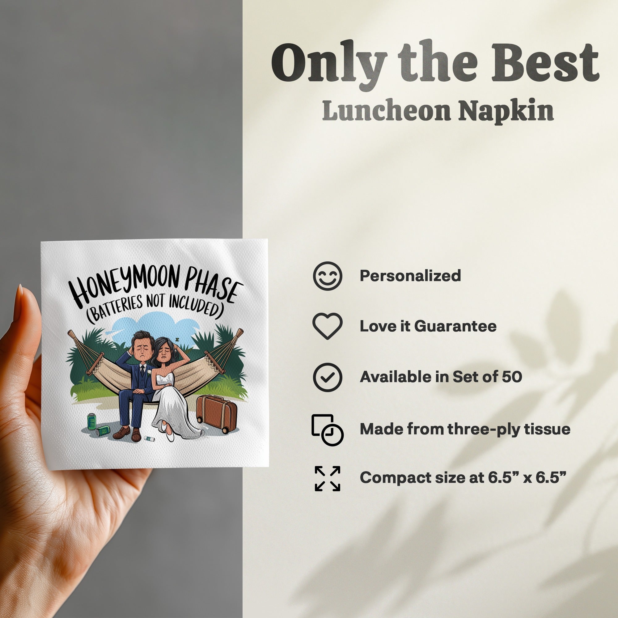 Napkin featuring "Honeymoon Phase (Batteries Not Included)" graphic and product details.