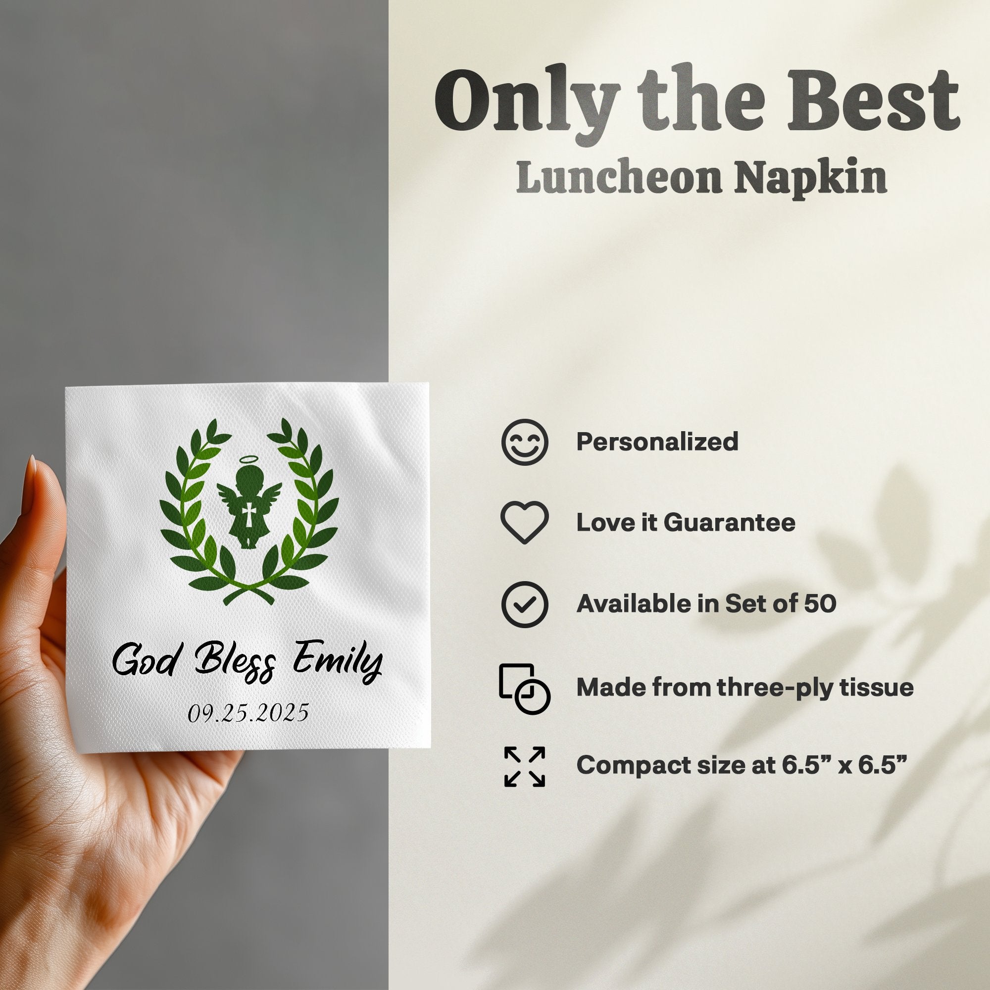 White Luncheon Napkin with "God Bless Emily" and date, personalized, three-ply.