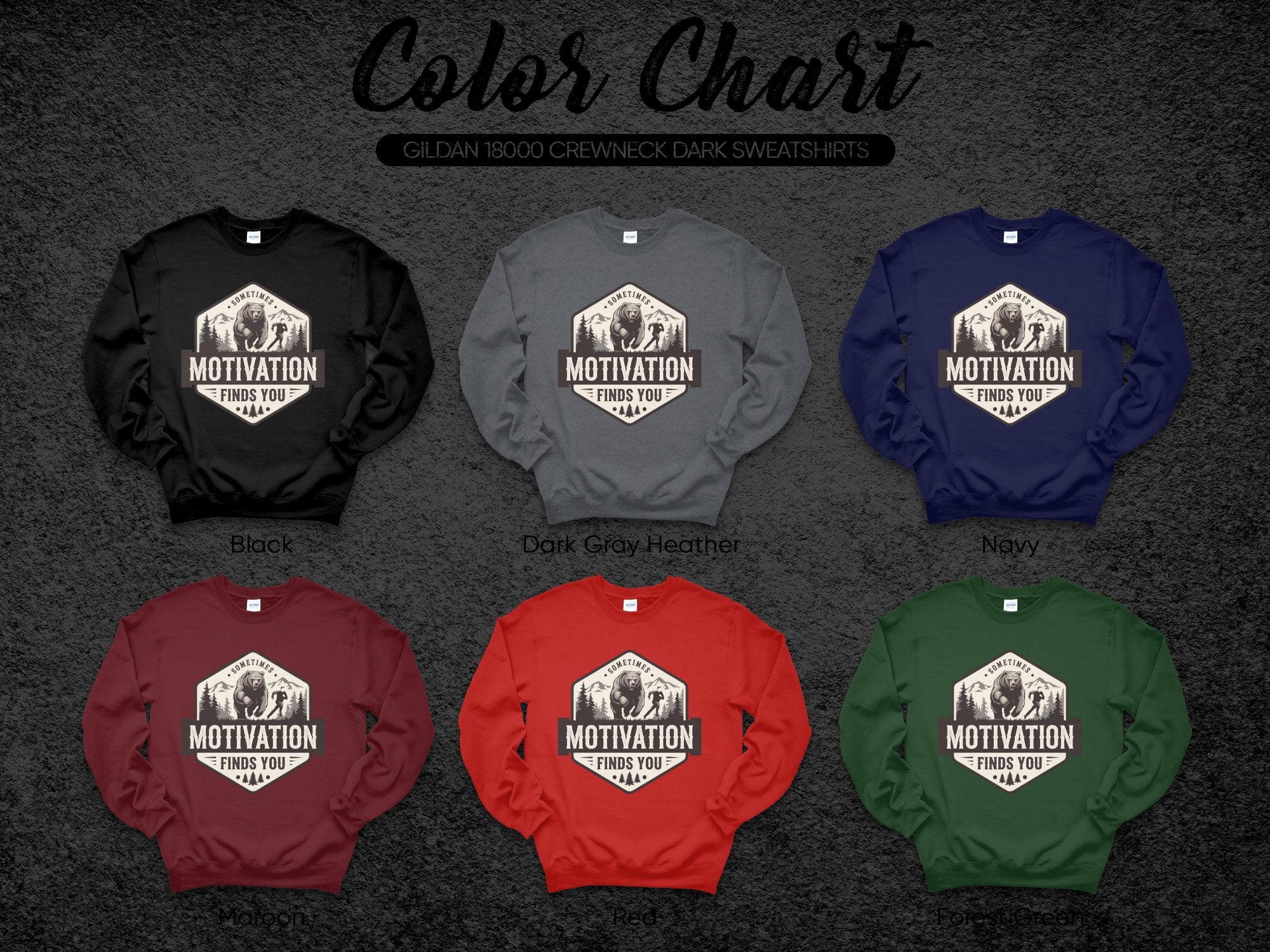 Color chart of Gildan 18000 crewneck sweatshirts in six colors.