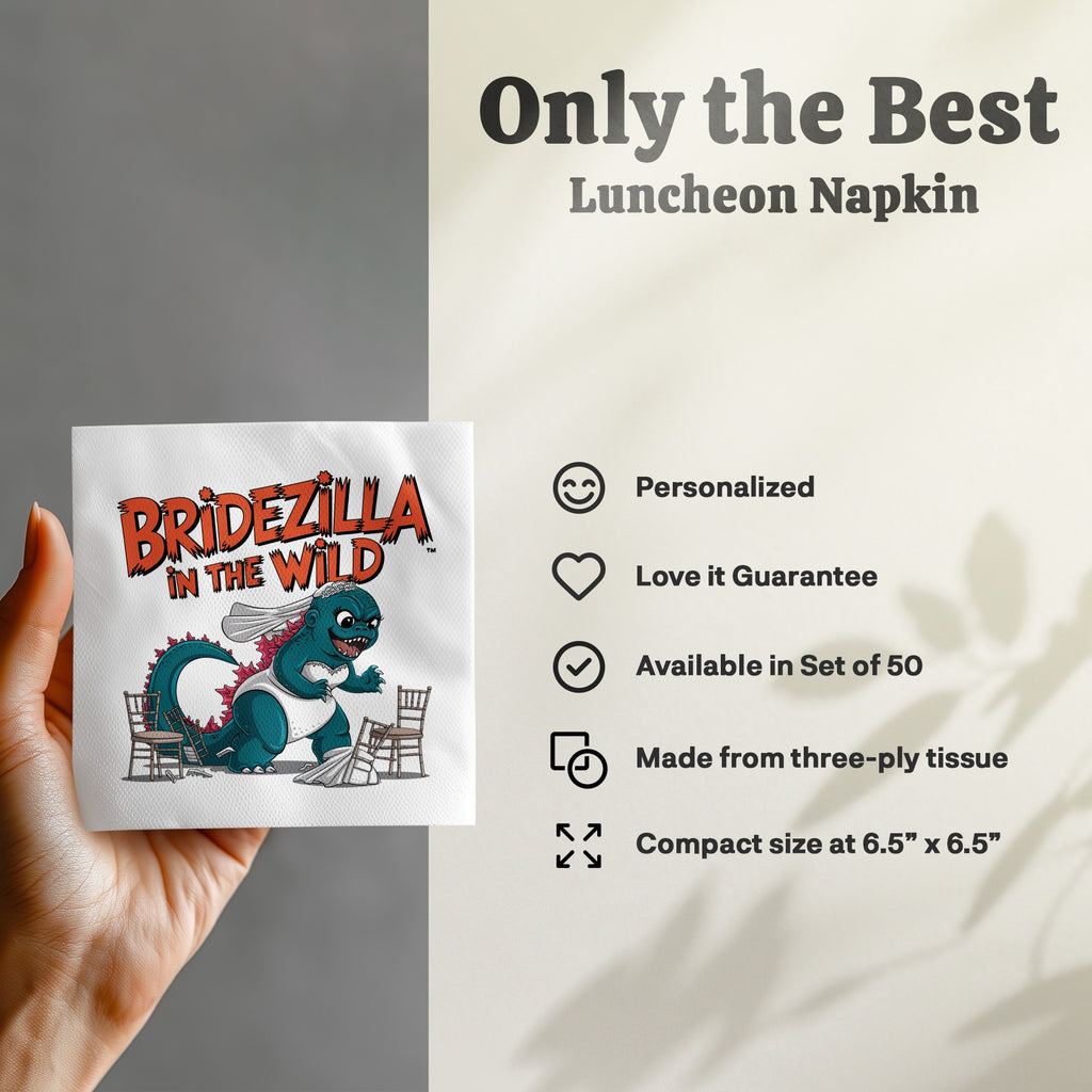 Bridezilla in the Wild napkin with wedding-themed text and cartoon monster.