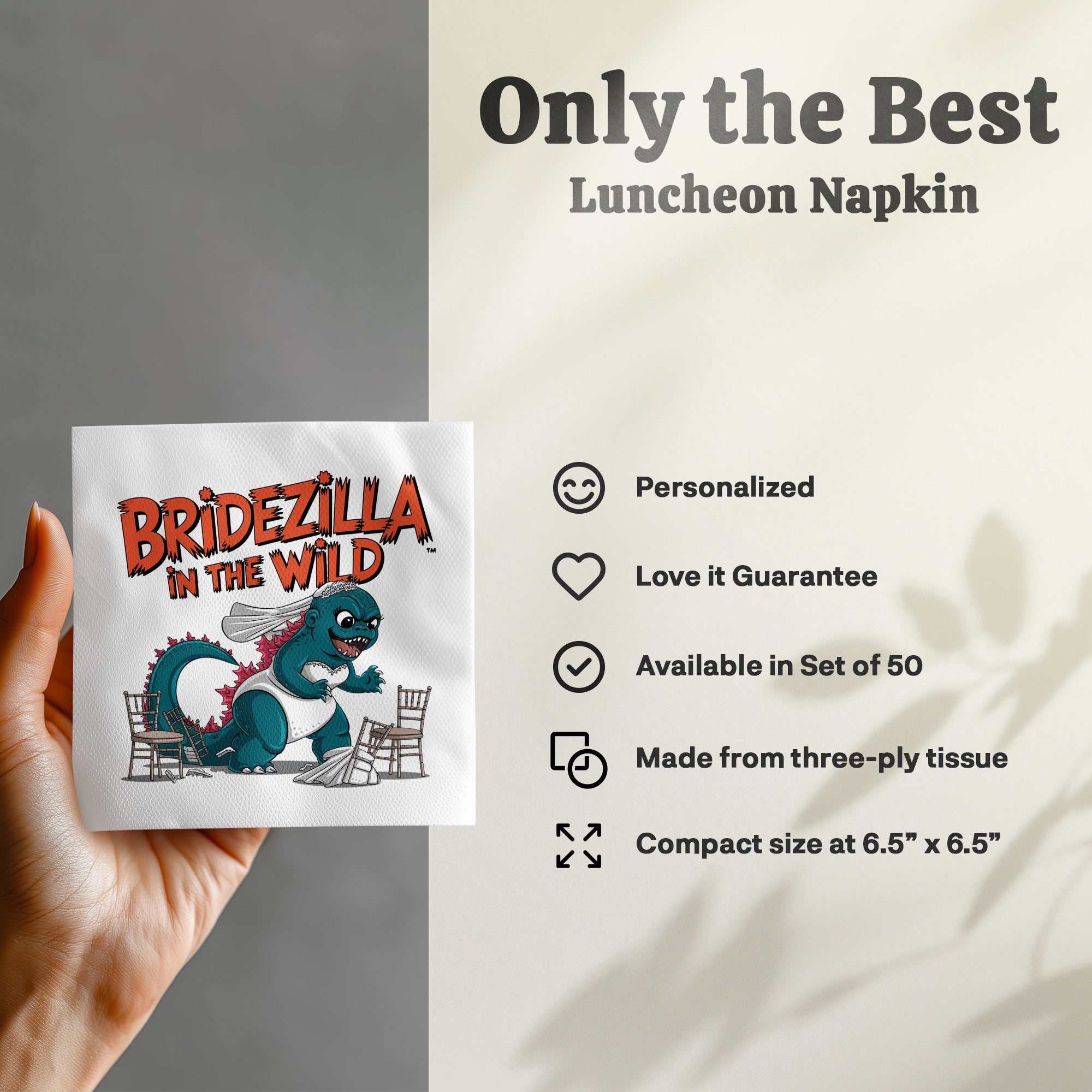 Bridezilla in the Wild napkin with wedding-themed text and cartoon monster.