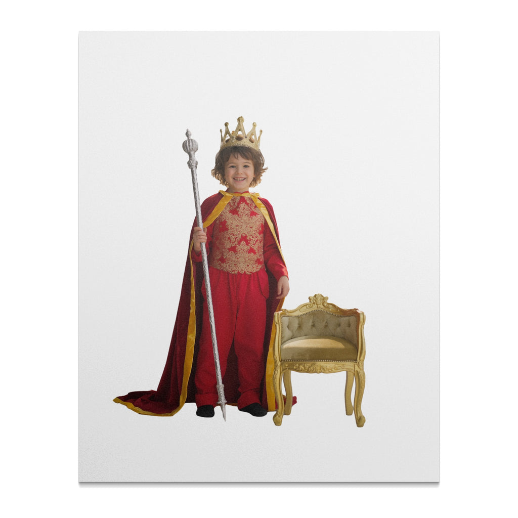 Child in king costume with crown and scepter stands by ornate chair.