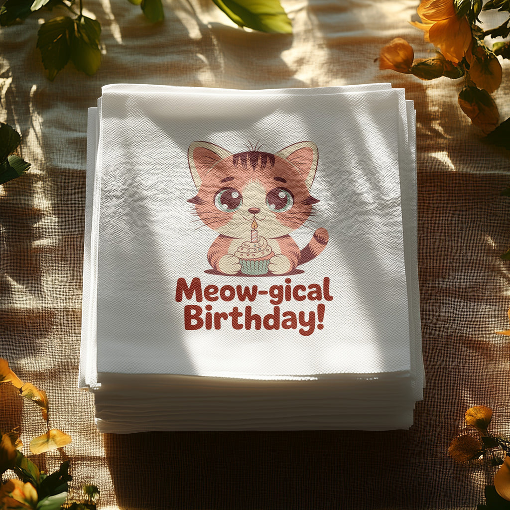 Stack of napkins with "Meow-gical Birthday!" text and cartoon cat with cupcake.