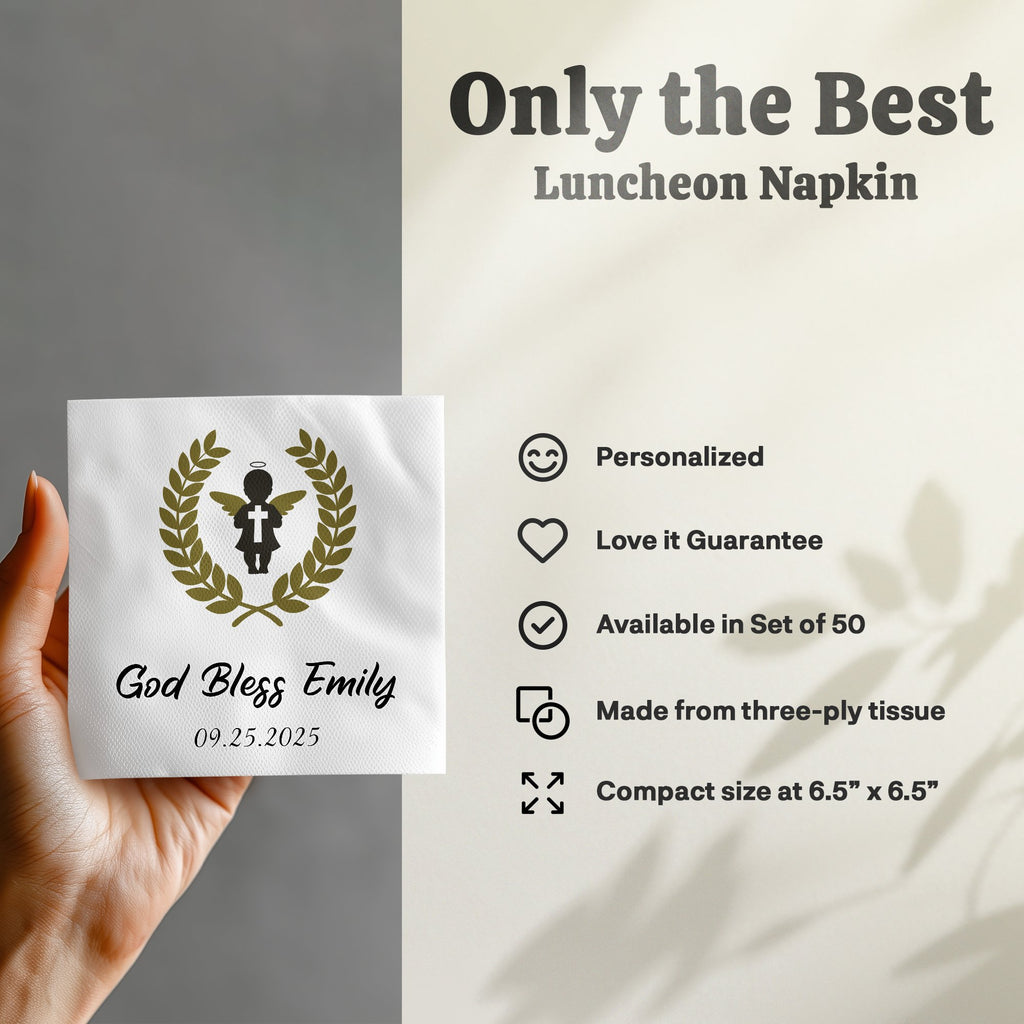 Luncheon napkin with "God Bless Emily" and a laurel wreath design.