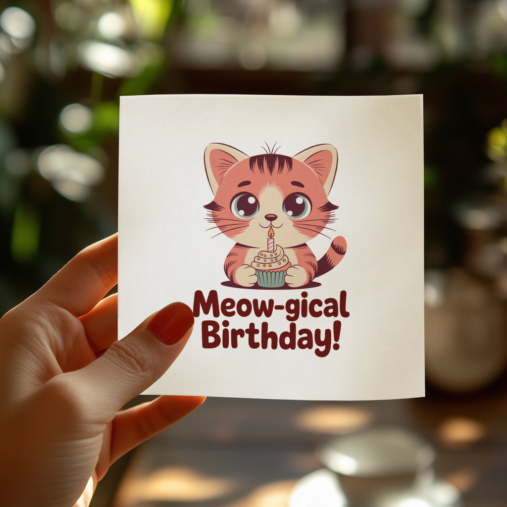 Pink cat cartoon holding cupcake with "Meow-gical Birthday!" text.
