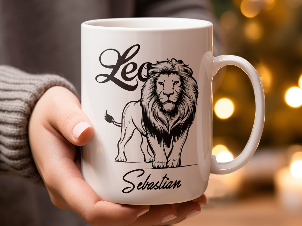 Mug with a black lion illustration and "Leo Sebastian" text.