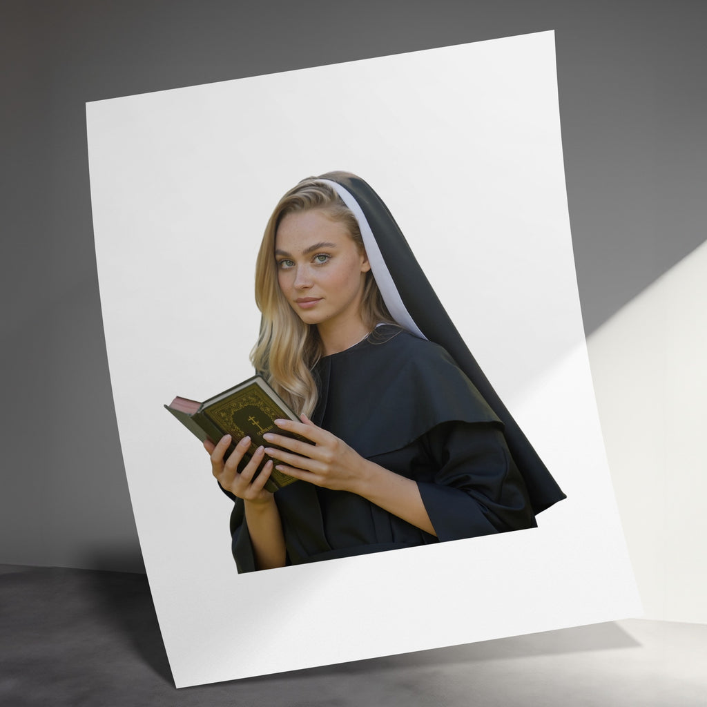 Young nun in habit holding open a book, looking at the viewer.