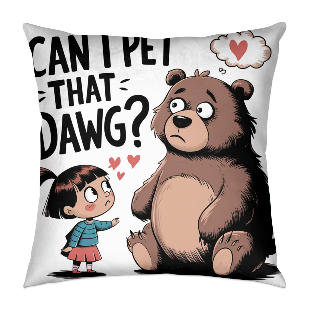 Cartoon of a girl asking a bear "Can I pet that dawg?" with hearts.
