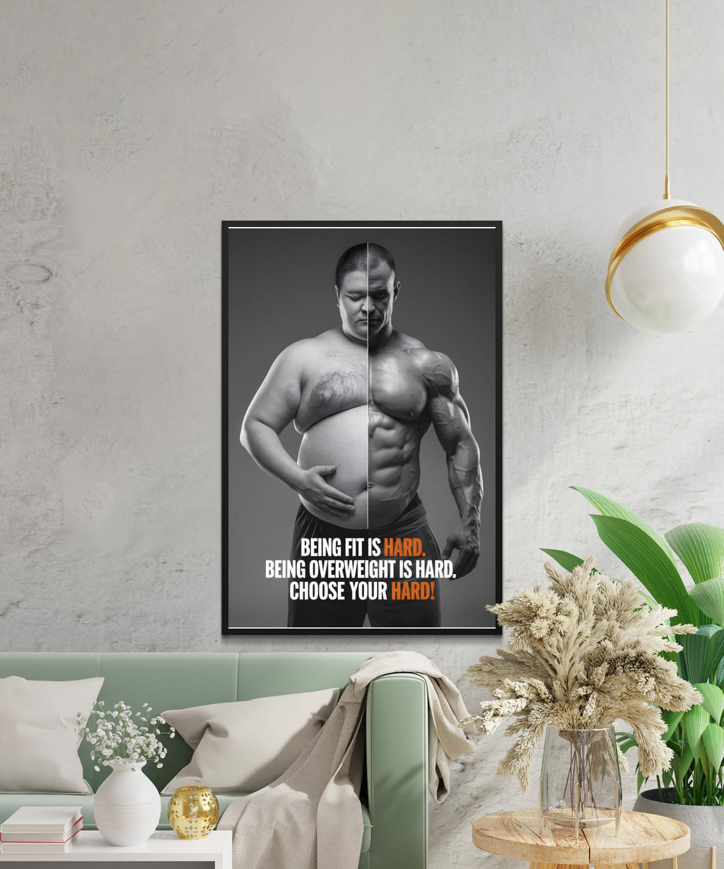 Split image showing overweight person contrasted with muscular person, with motivational text.