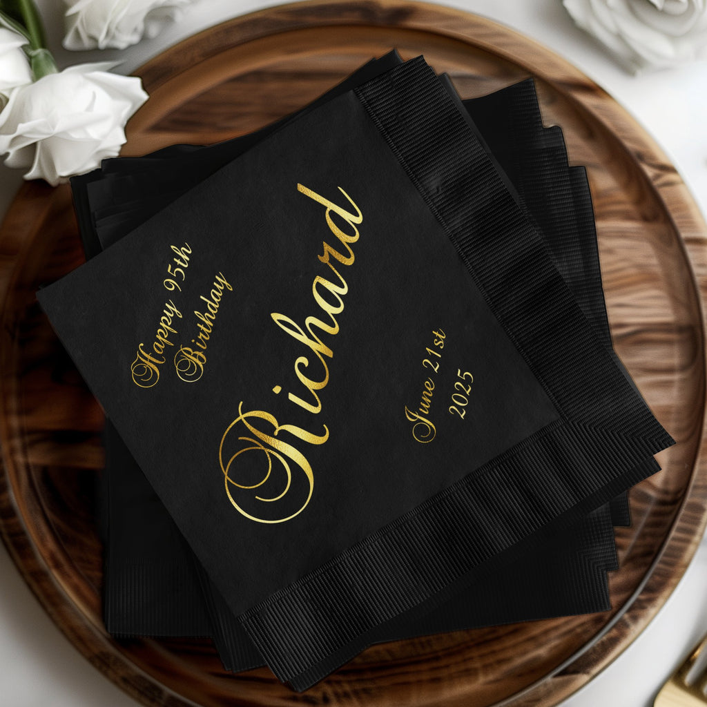 Black napkins with gold script: "Richard," "Happy 95th Birthday," and "June 21st 2025."