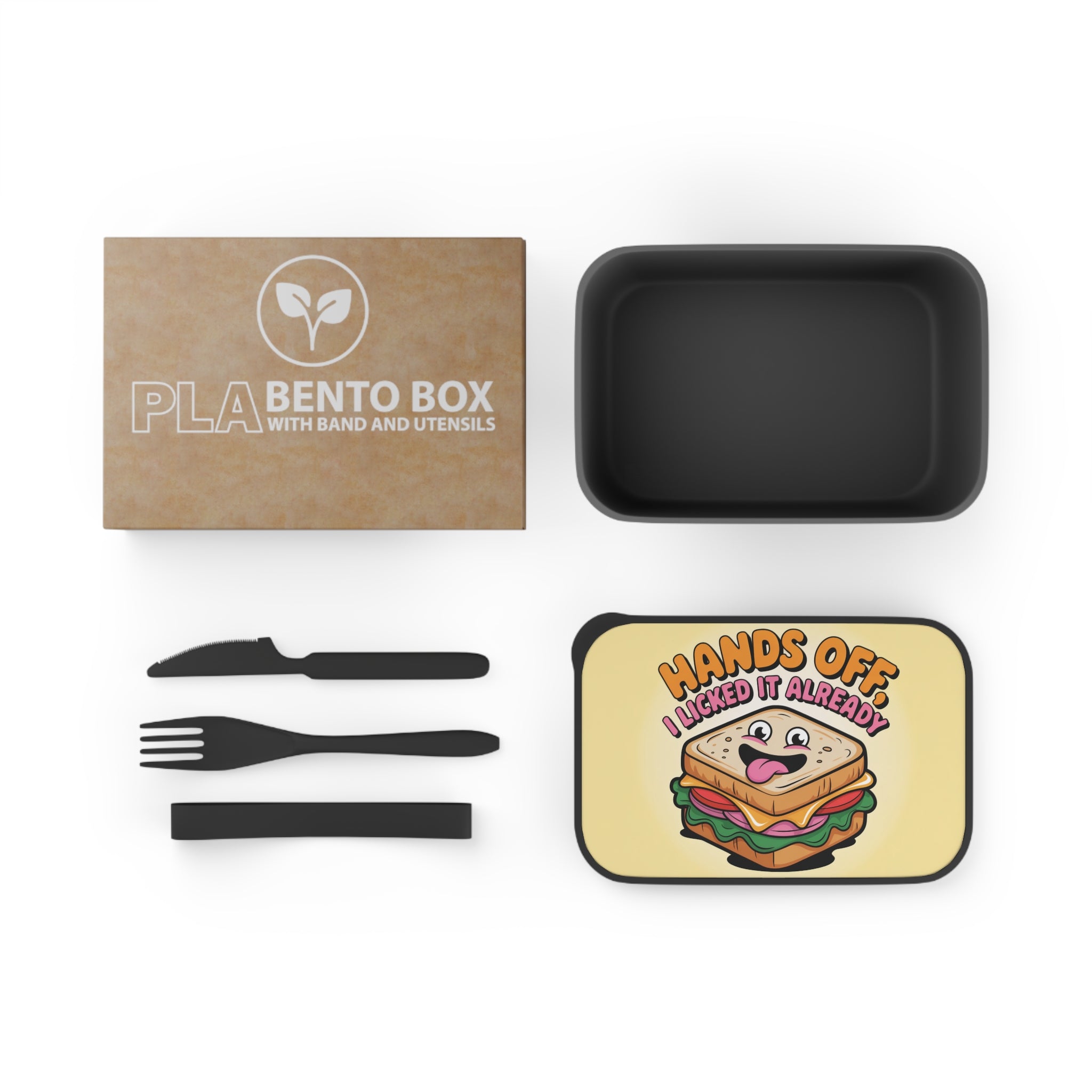 Brown PLA Bento Box with utensils and a lunchbox lid featuring cartoon hands off graphic.