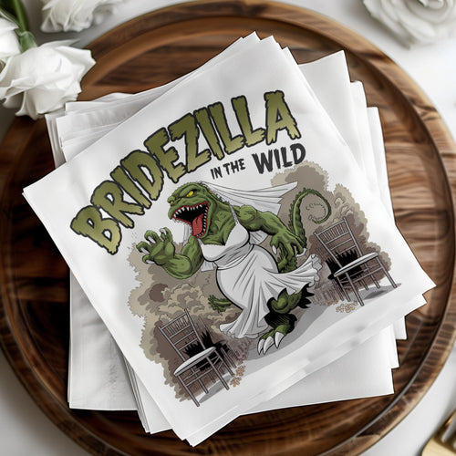 Bridezilla in the Wild wedding napkins with cartoon Godzilla bride.