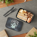 Ghost with knife and fork on lunchbox, with sandwich and snacks.