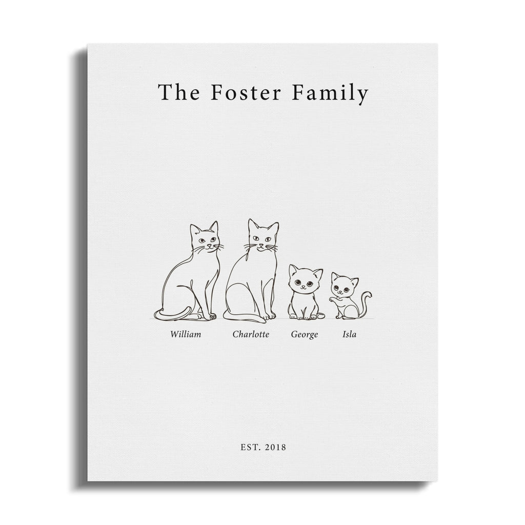 Line art of four cats "The Foster Family EST. 2018".