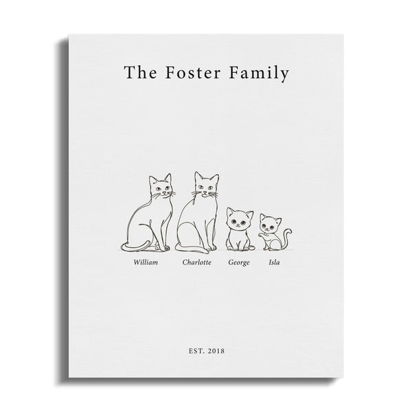 Line art of four cats "The Foster Family EST. 2018".