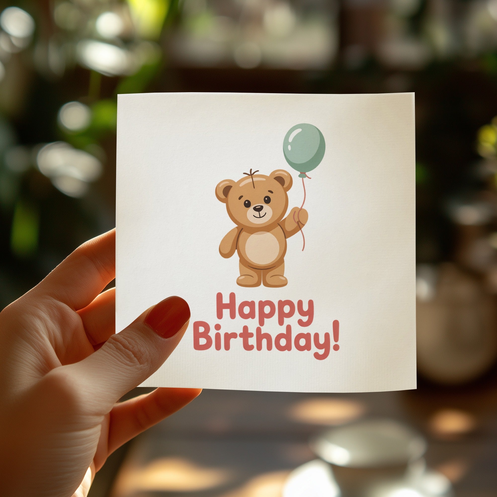 Teddy bear holding a balloon on a "Happy Birthday!" card.