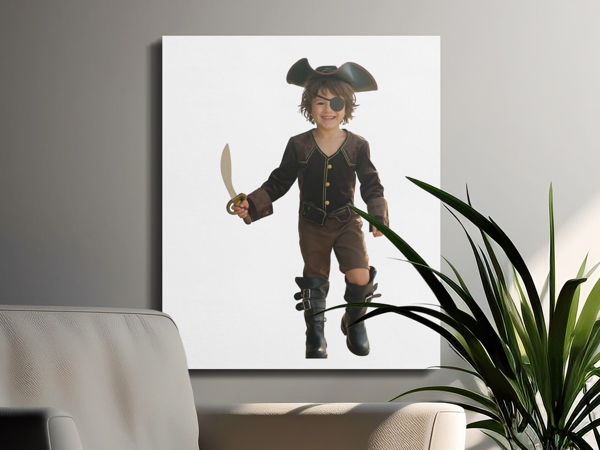 Child in pirate costume holding a toy sword and wearing an eye patch.
