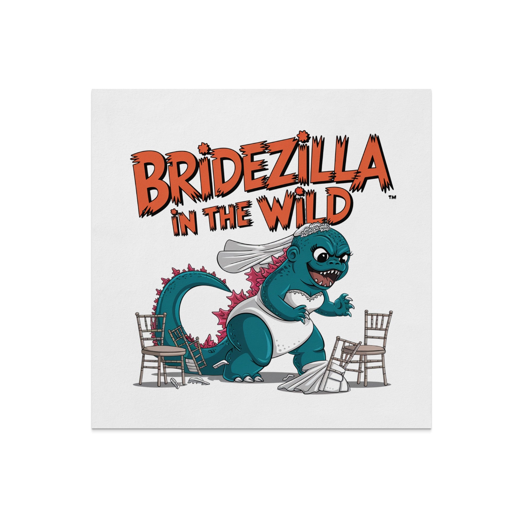 Bridezilla in the wild illustration of a dinosaur in a wedding dress.
