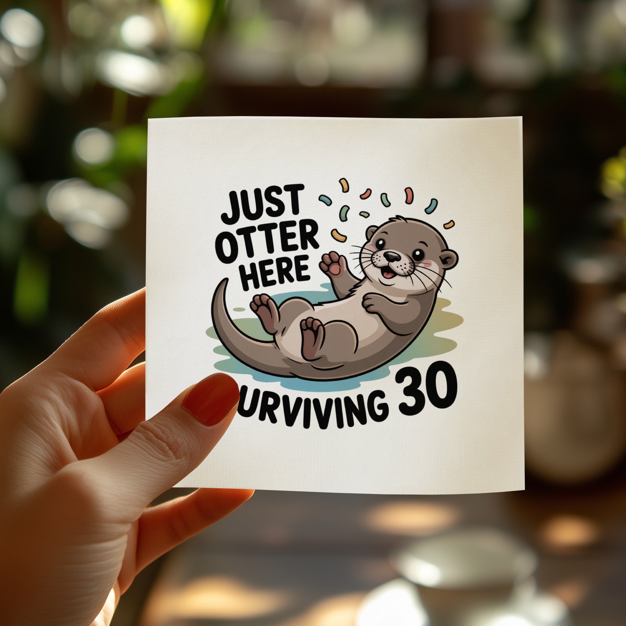 Otter on a card with text "JUST OTTER HERE SURVIVING 30".