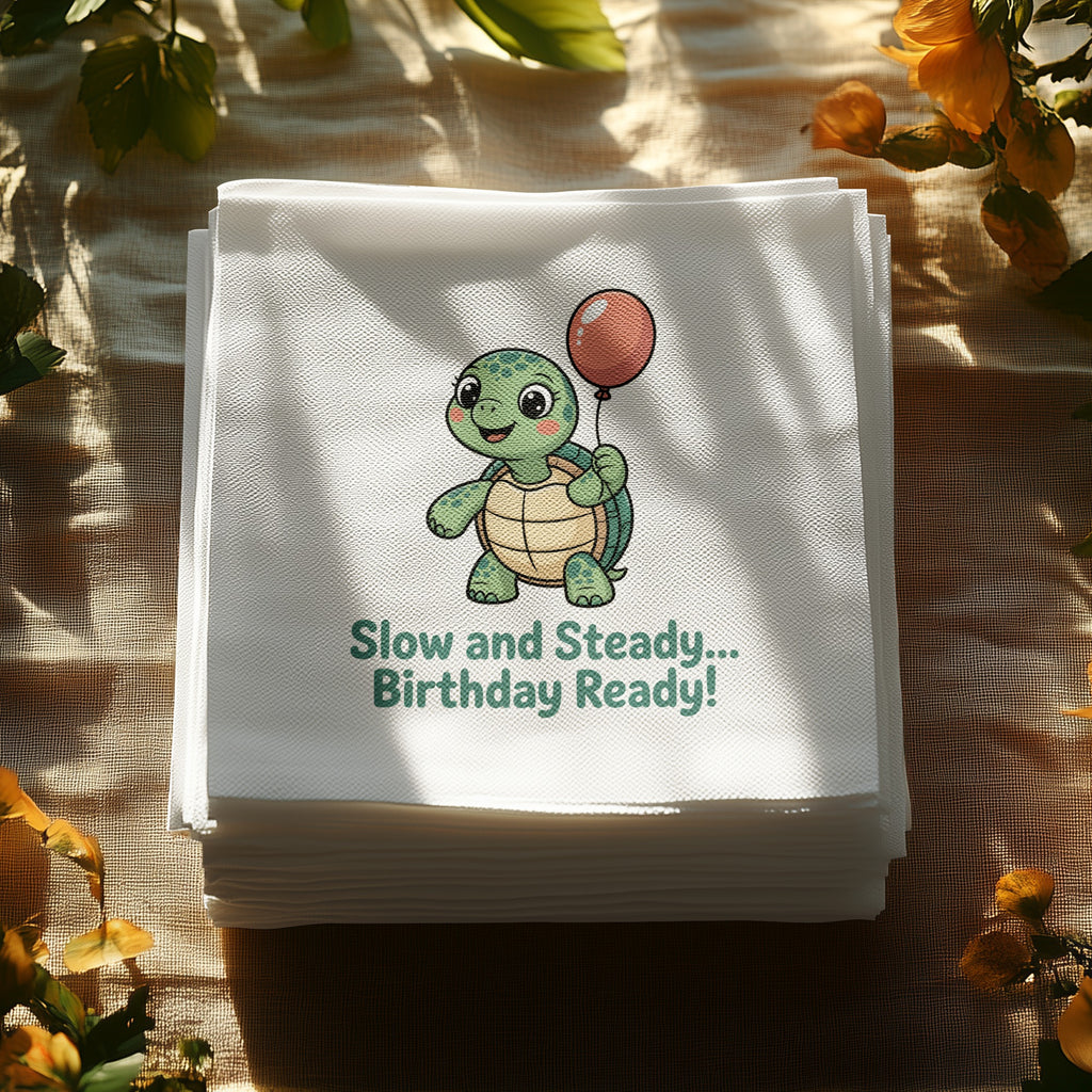 Stack of white napkins with a cartoon turtle holding a balloon, text reads "Slow and Steady... Birthday Ready!"
