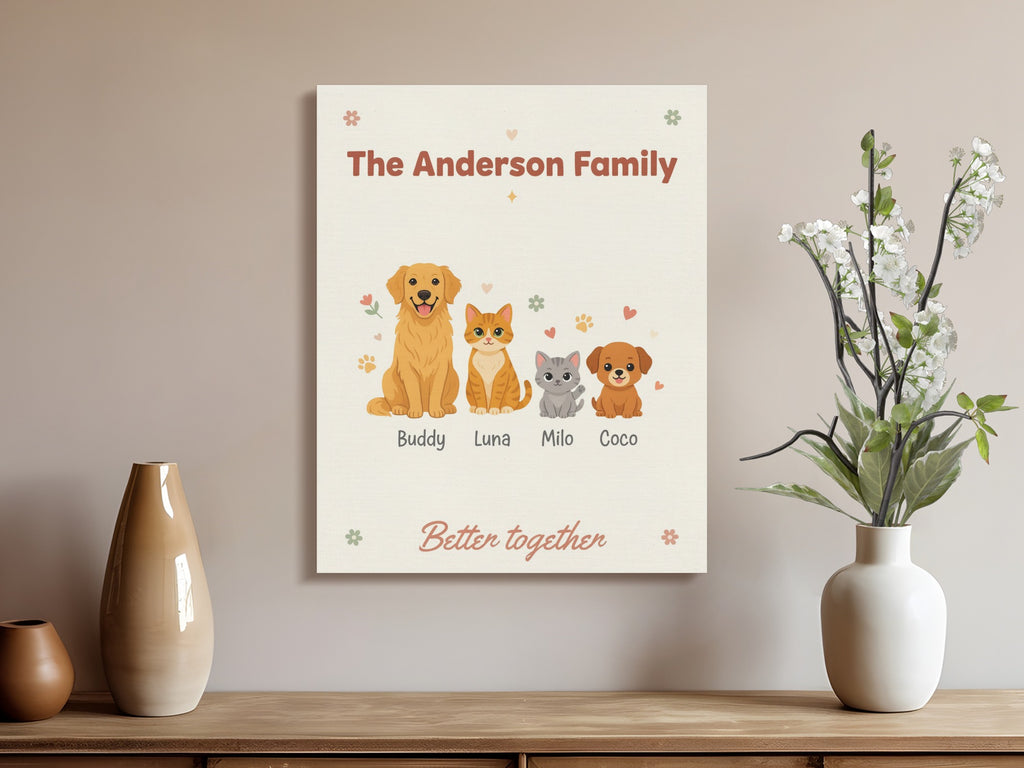 Customizable "The Anderson Family" artwork featuring two dogs and two cats with names.