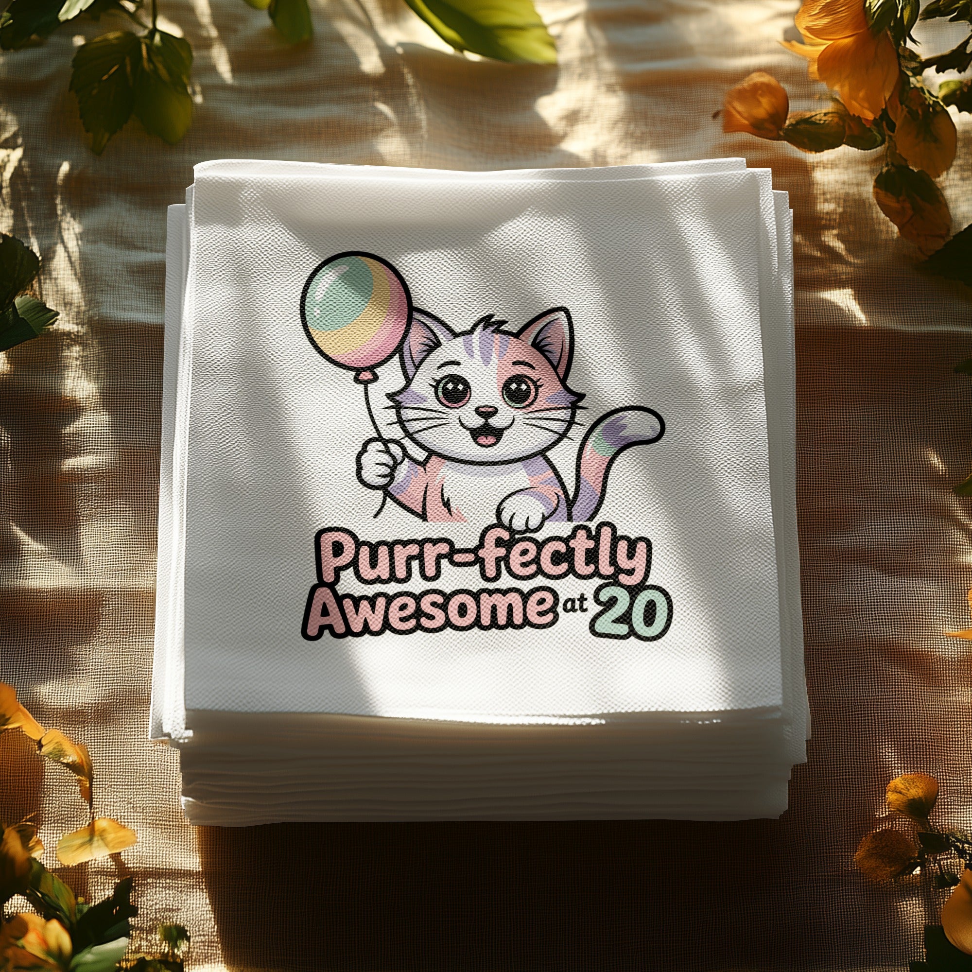 Stack of napkins with a cartoon cat holding a balloon and "Purr-fectly Awesome at 20" text.
