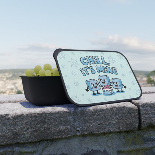 Lunchbox with lid featuring cartoon ice cubes and text "Chill, It's Mine."