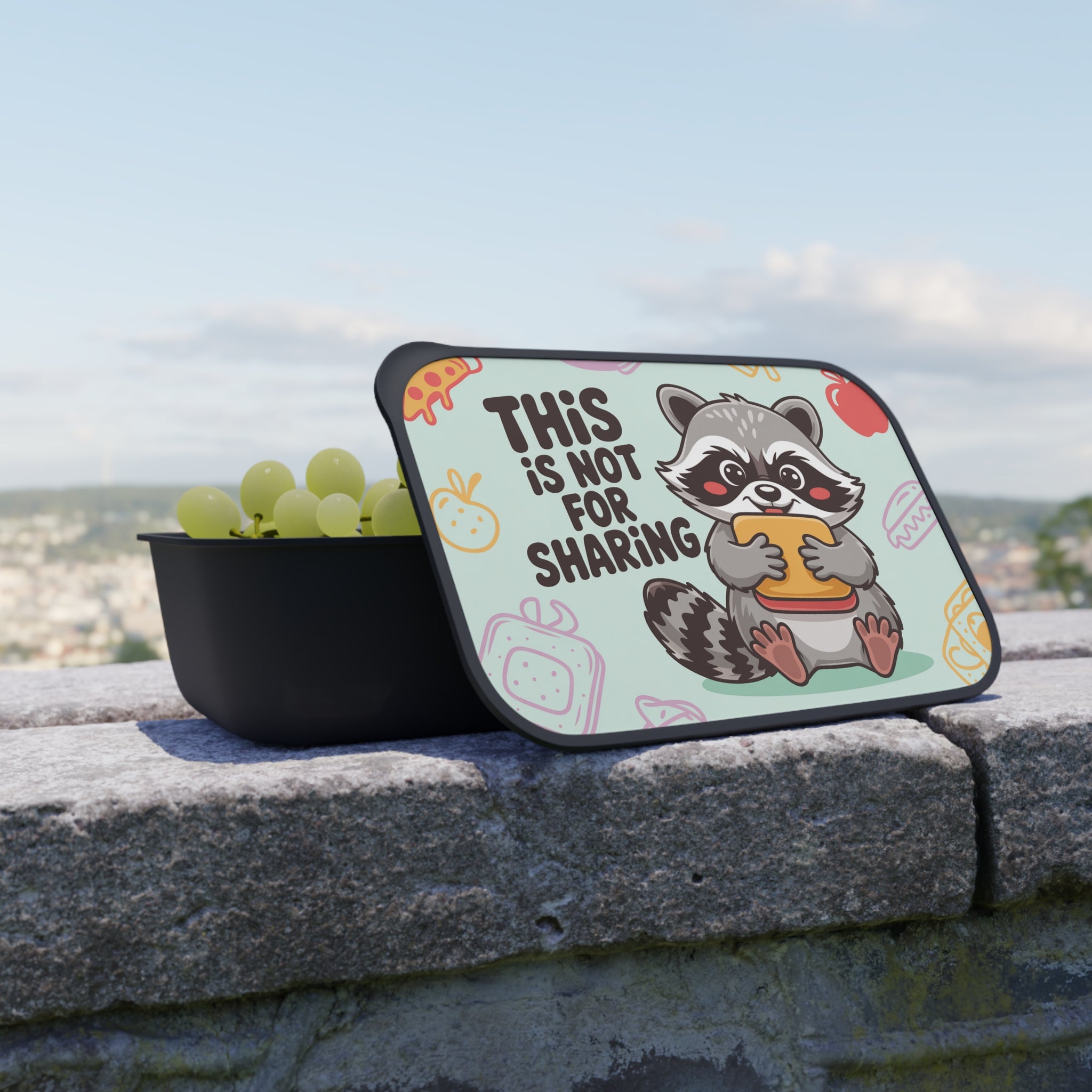 Lunchbox with raccoon and text "THIS IS NOT FOR SHARING".