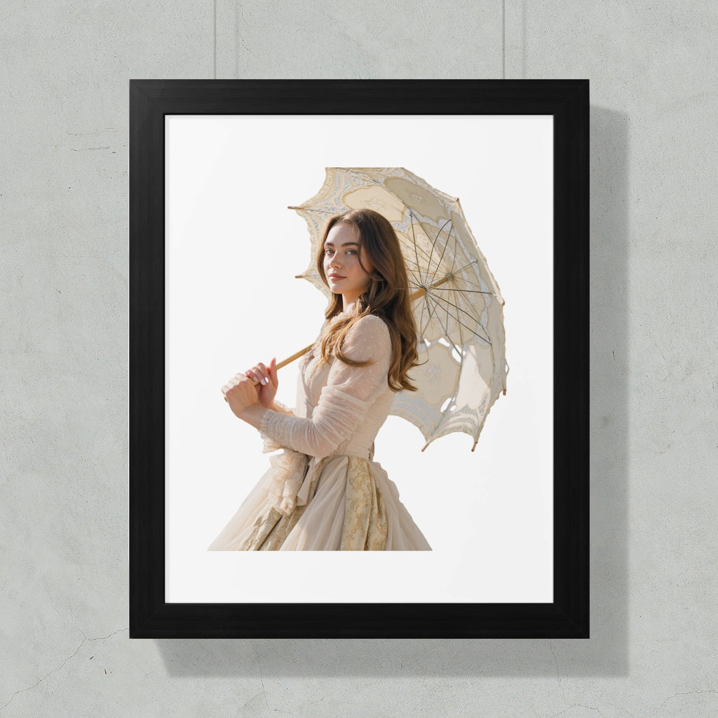 Woman in vintage dress holding a white lace parasol against a light background.