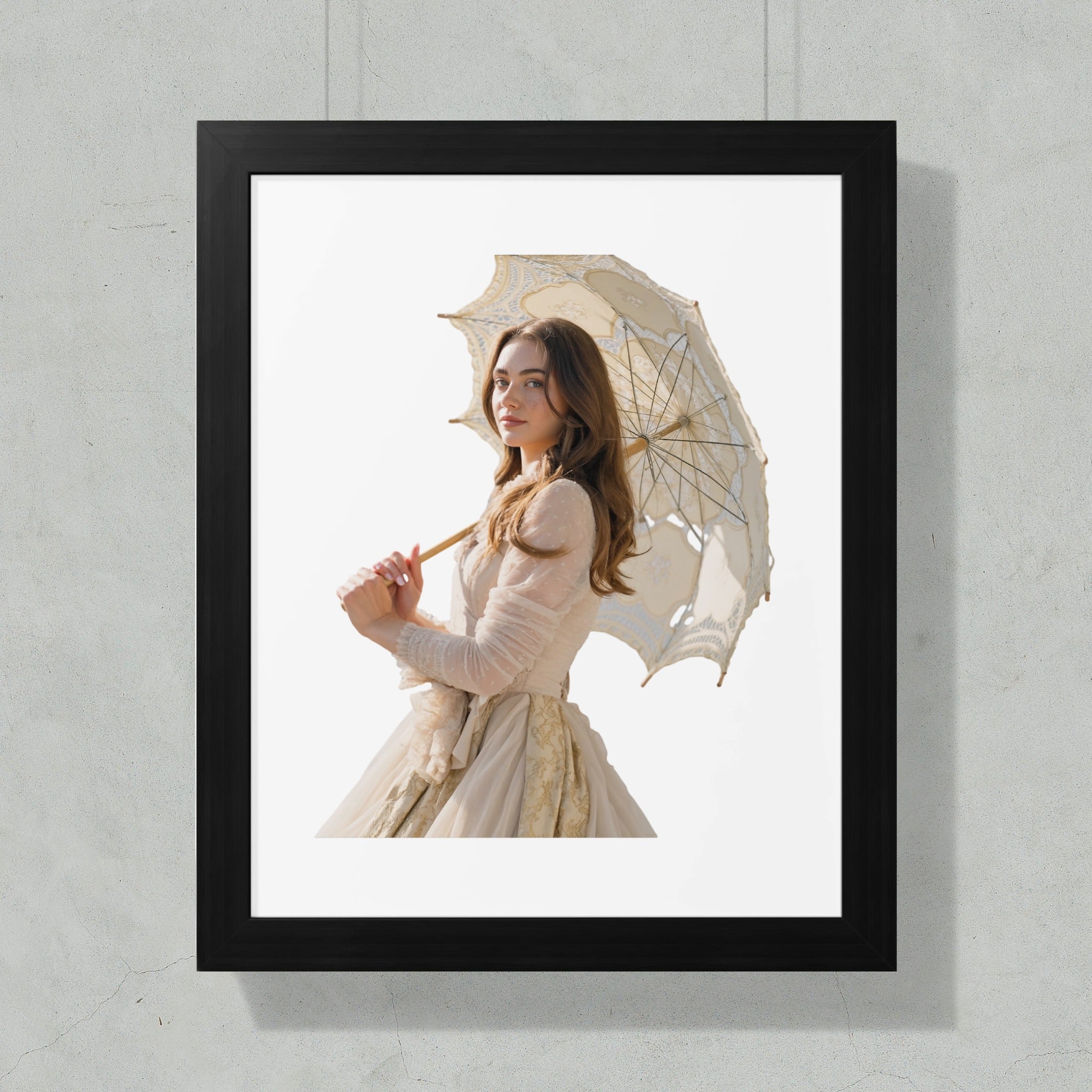 Woman in vintage dress holding a white lace parasol against a light background.