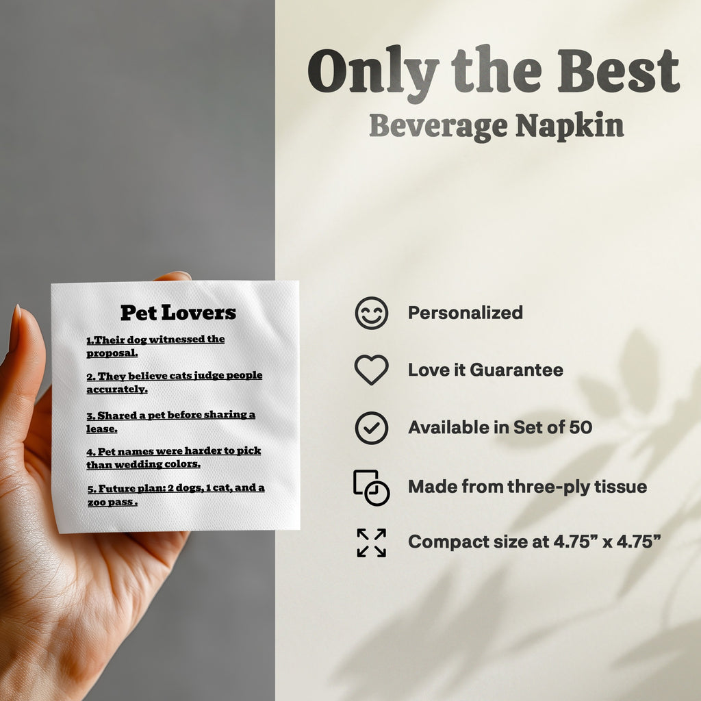 White beverage napkin with "Pet Lovers" list and product features.