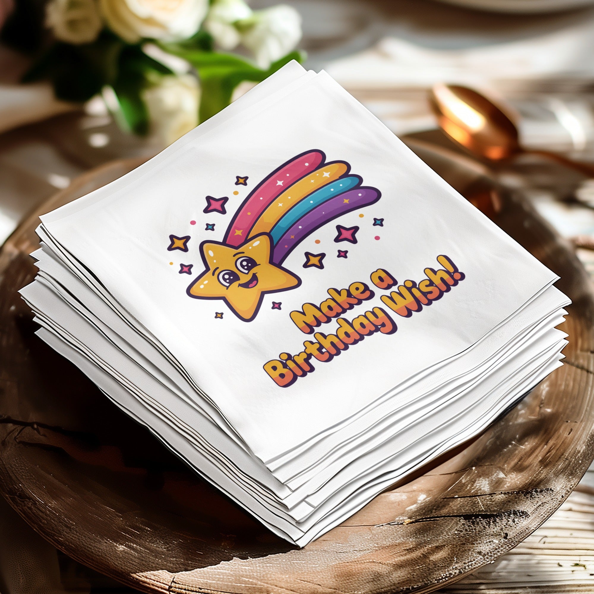 Stack of white napkins with a cartoon star wishing "Happy Birthday."