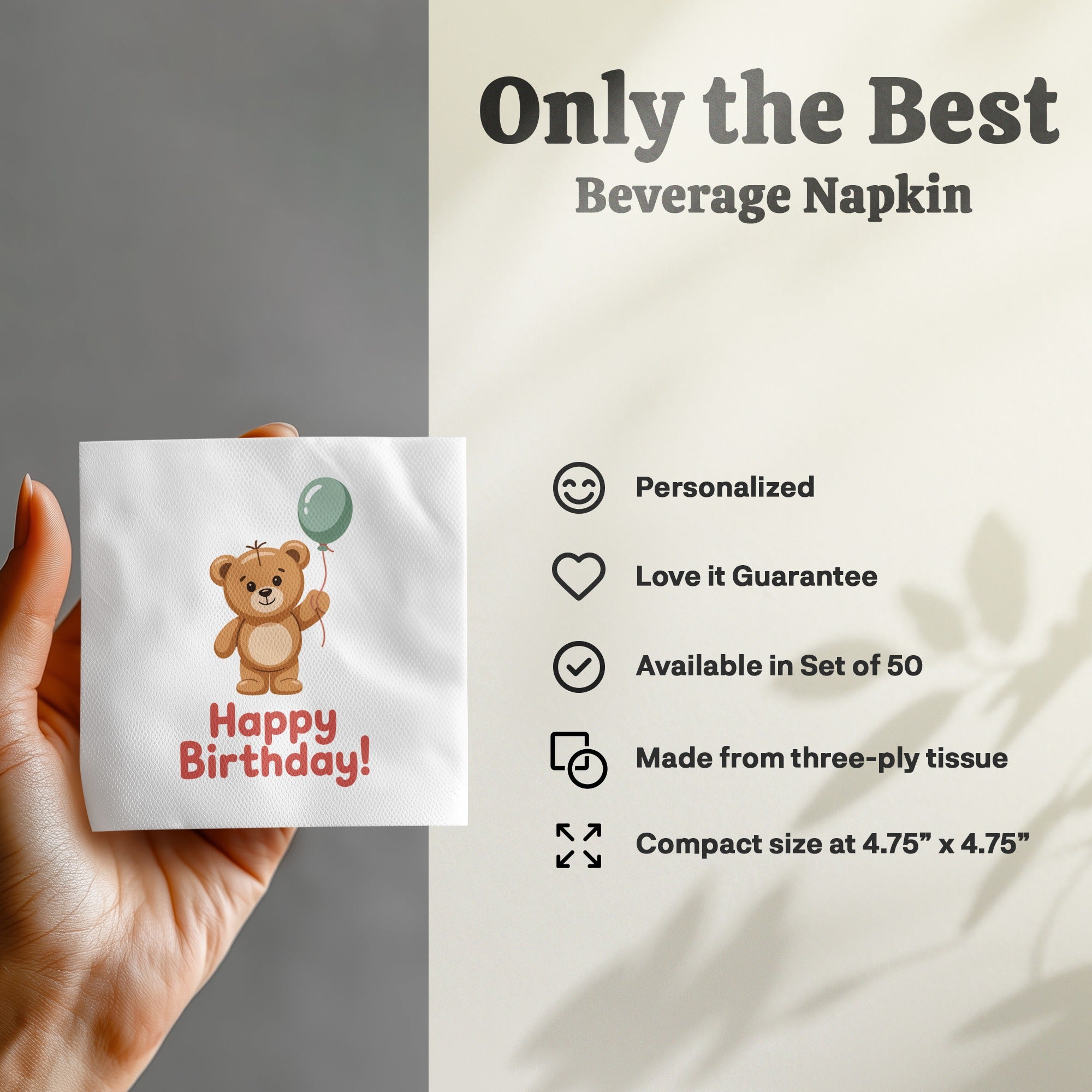 Teddy bear holding balloon on Happy Birthday beverage napkin.
