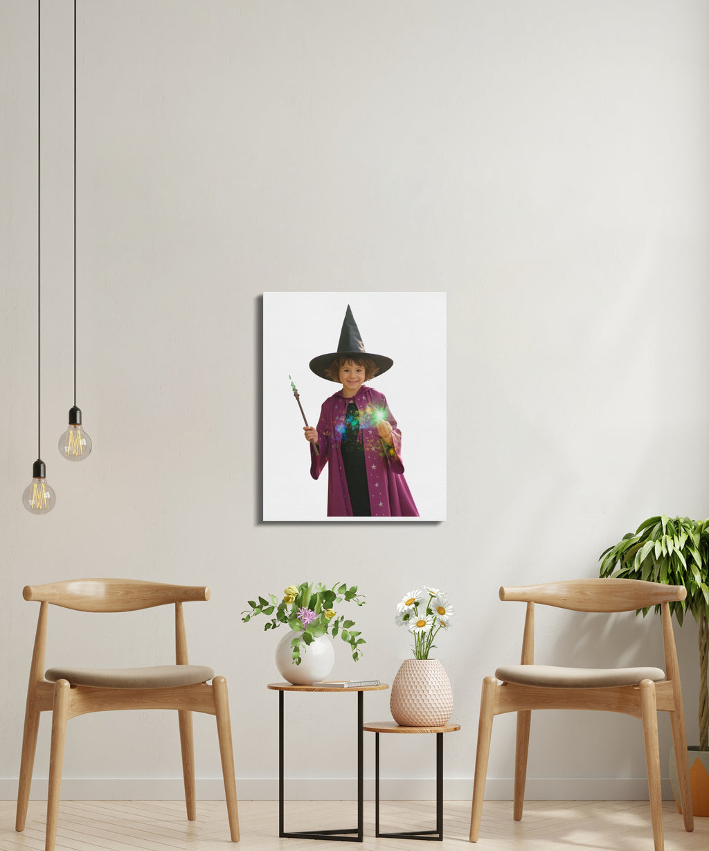 Child in witch costume with magic wand and sparkling effects.