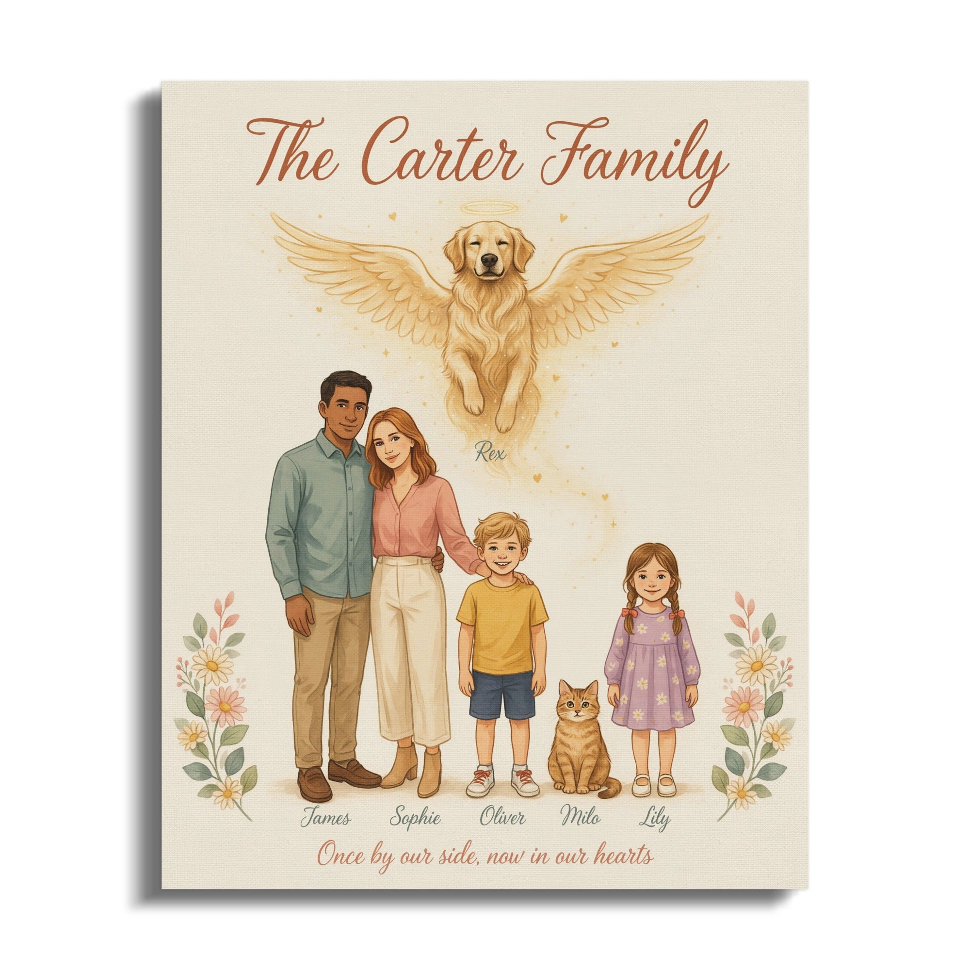 The Carter Family memorial with angelic dog, family, and pets, titled "Once by our side, now in our hearts."
