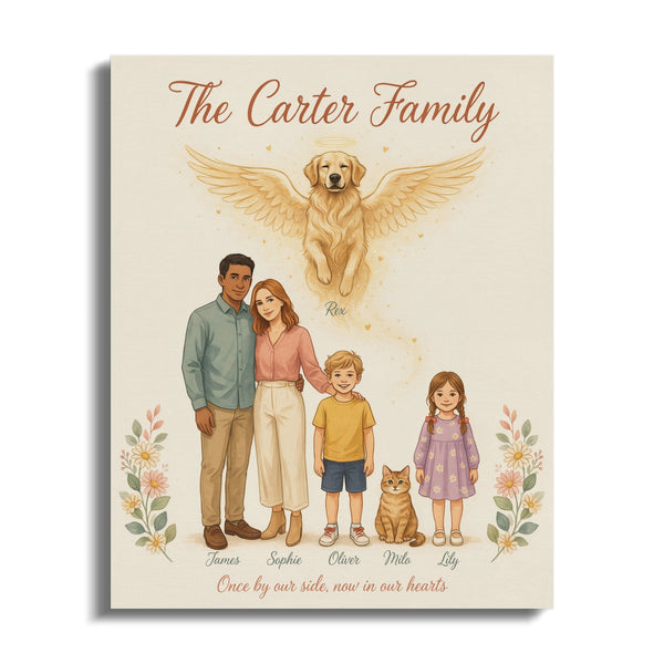 The Carter Family memorial with angelic dog, family, and pets, titled "Once by our side, now in our hearts."
