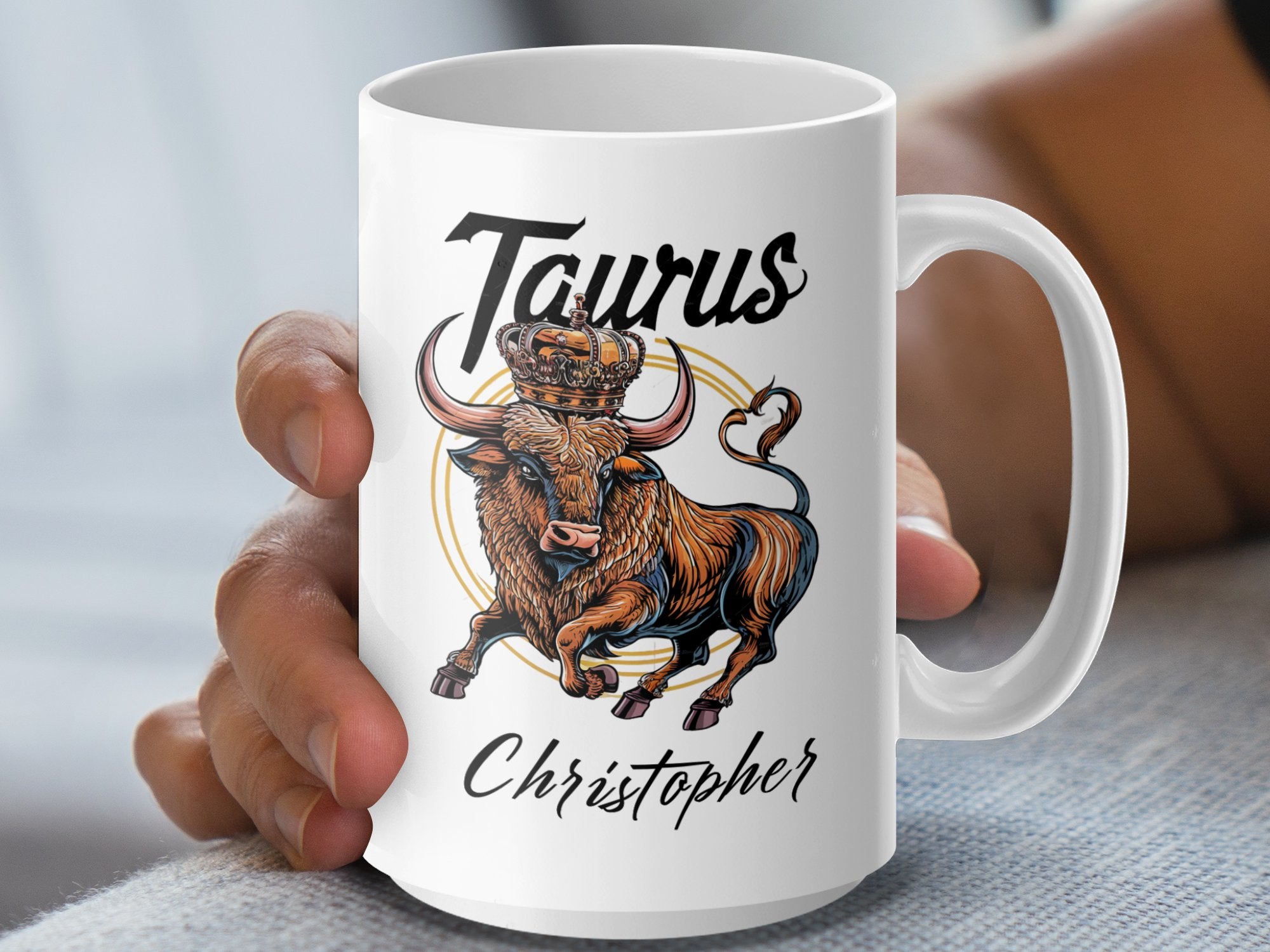 Mug with Taurus bull illustration and crown, text "Taurus Christopher".