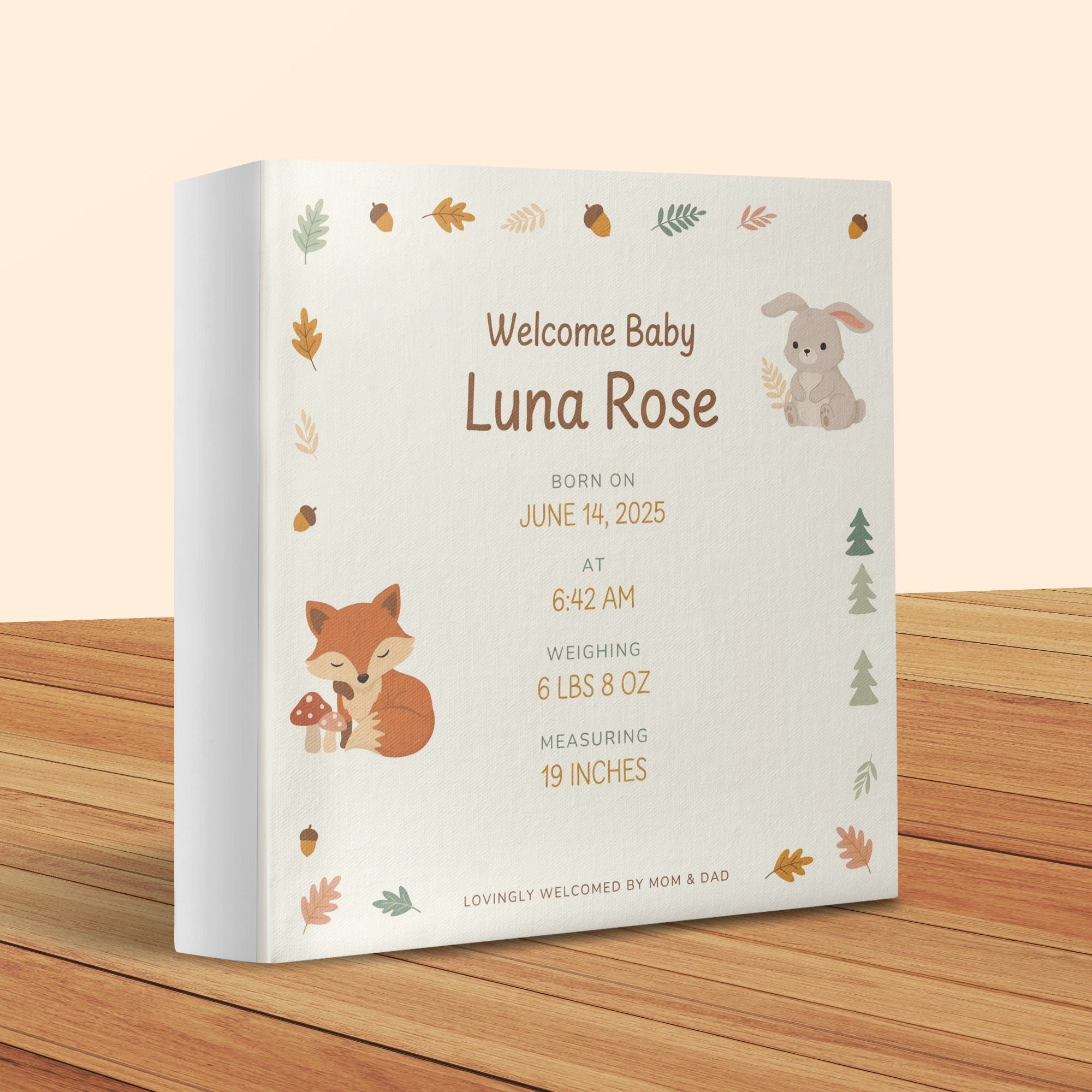 Welcome Baby Luna Rose birth details book with fox and rabbit illustrations.