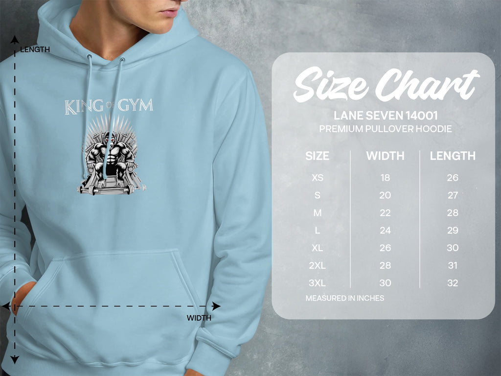 Light blue hoodie with "King of Gym" graphic, showing a size chart.