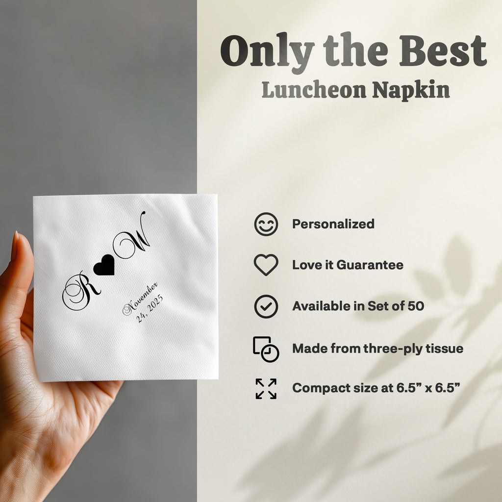 White luncheon napkin with R & W monogram and November 24, 2025 date.