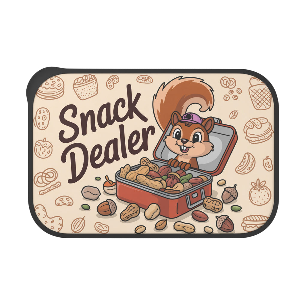 Cartoon squirrel peeking from open lunchbox filled with nuts and snacks.