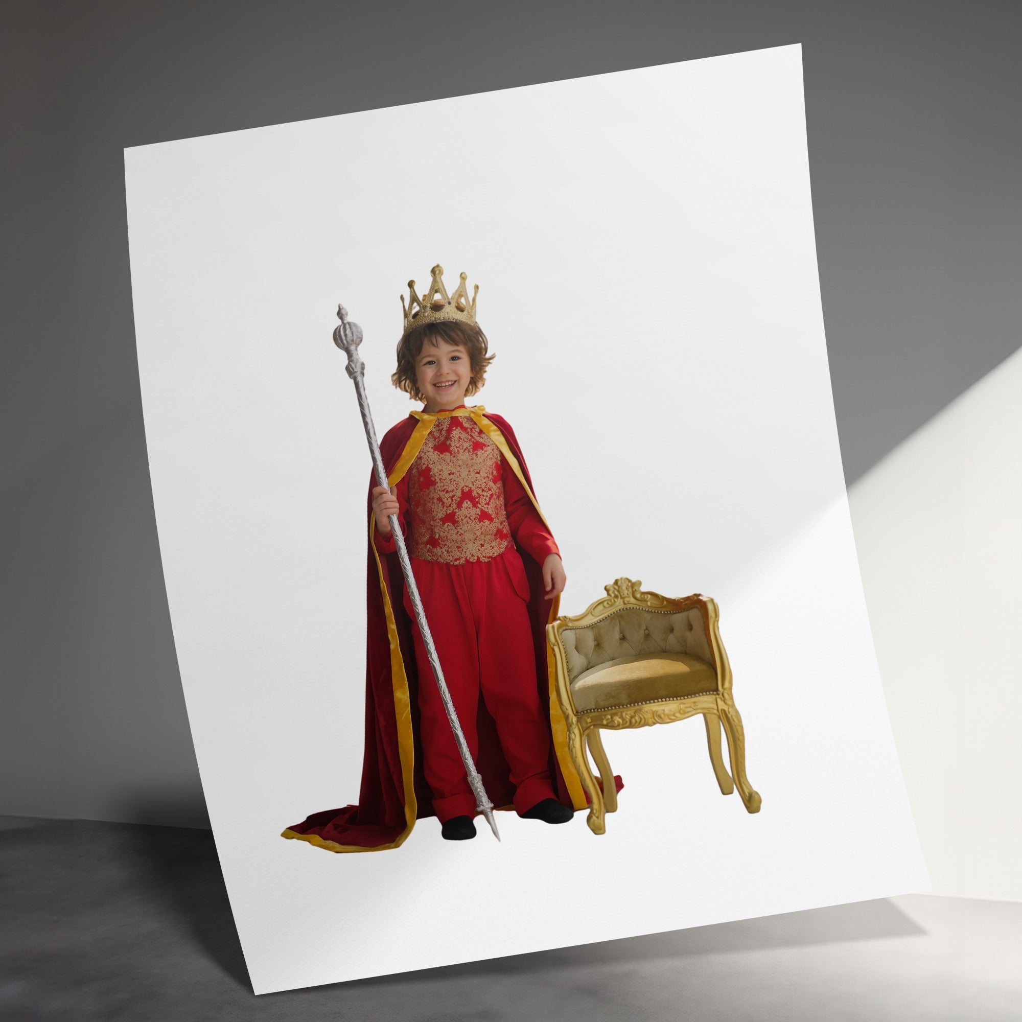 Child in royal costume with crown and scepter standing by a gold chair.