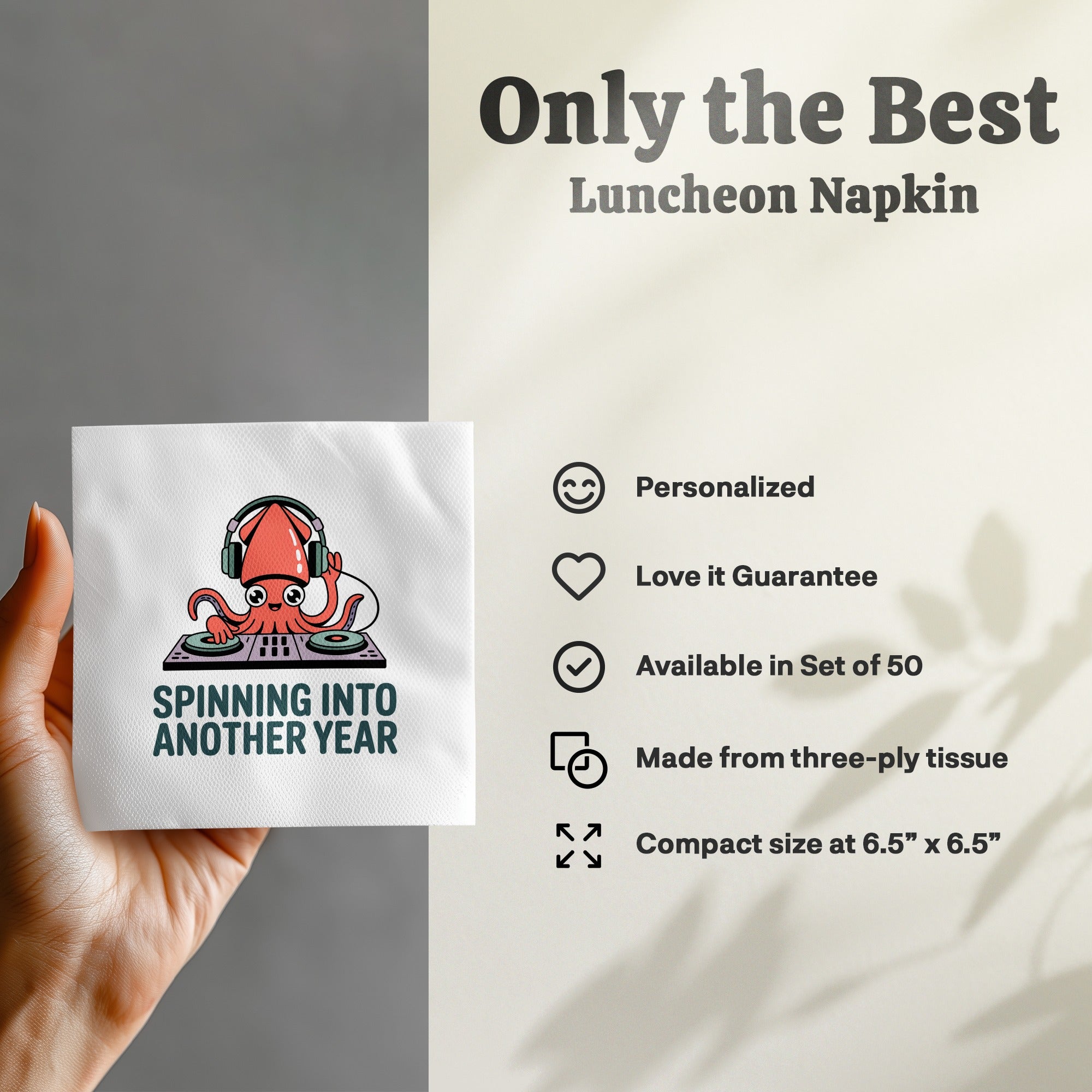 Napkin with cartoon octopus DJ and text "Spinning Into Another Year".