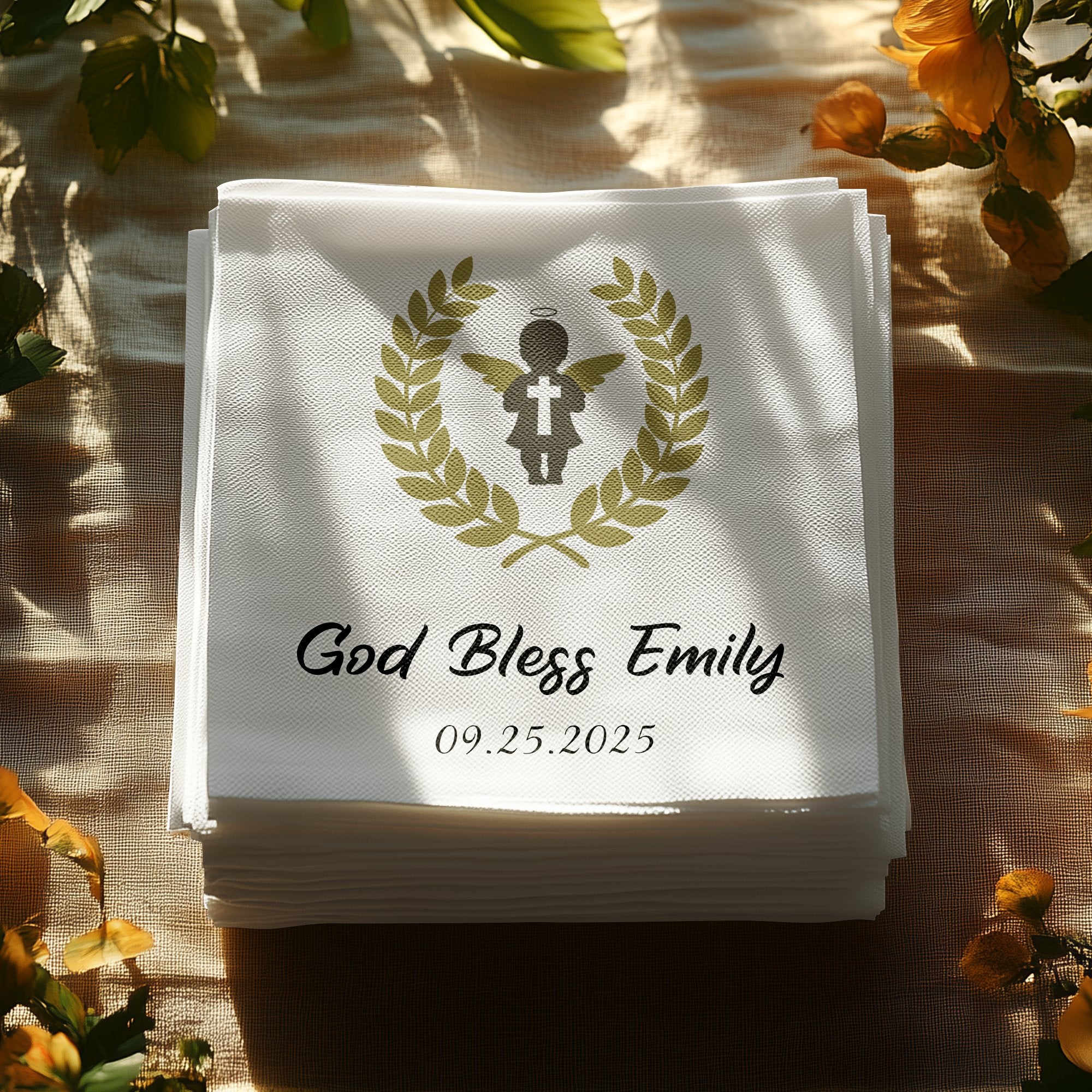 Stack of personalized napkins with "God Bless Emily" and date.