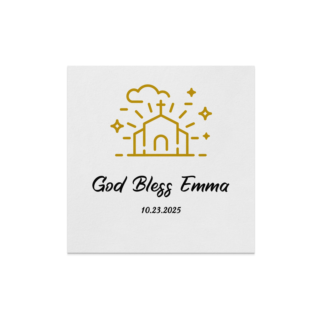 Gold church outline with "God Bless Emma" and date.
