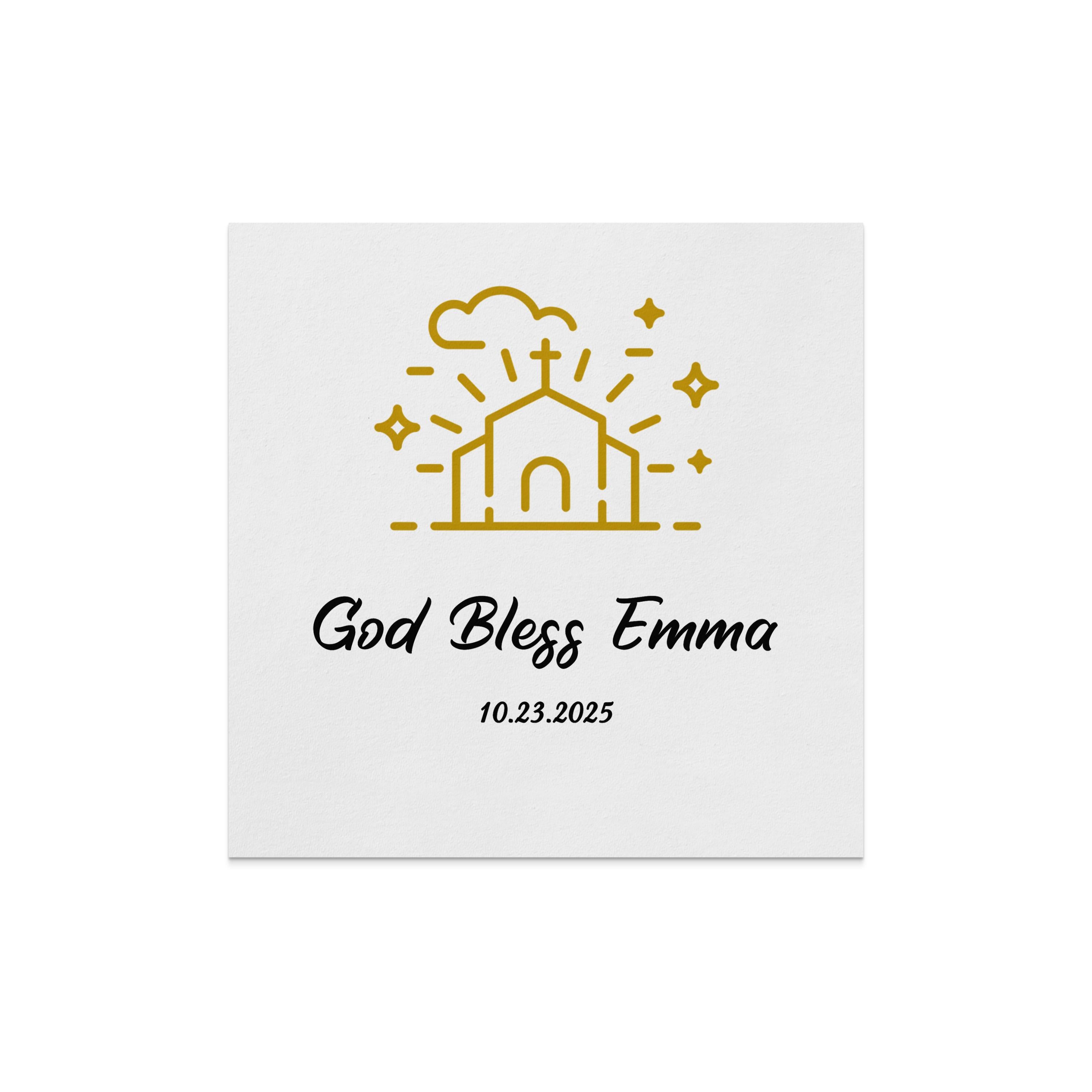Gold church outline with "God Bless Emma" and date.